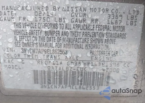 2014 Nissan Versa 1.6 Sv из США, поврежденный, VIN 3N1CN7AP9EL862553